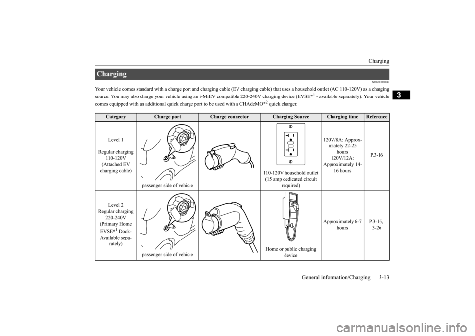 MITSUBISHI iMiEV 2017 1.G Owners Manual Charging 
General information/Charging 3-13
3
N01201201047
Your vehicle comes standard with a charge 
 port and charging cable (EV charging cable)
 that uses a household outlet (AC 110-120V
) as a cha