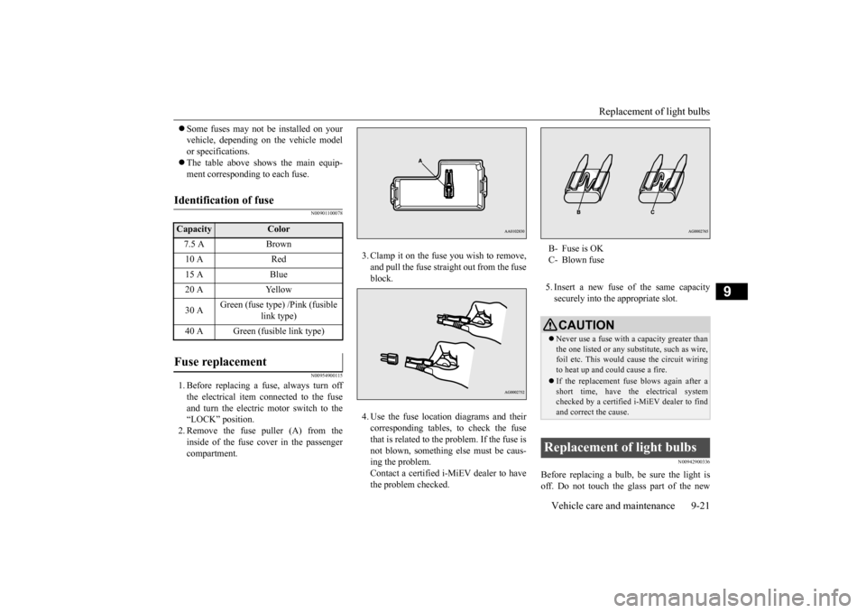 MITSUBISHI iMiEV 2017 1.G Owners Manual Replacement of light bulbs 
Vehicle care and maintenance 9-21
9
 Some fuses may not be installed on your vehicle, depending on  
the vehicle model 
or specifications.  The table above show
s the