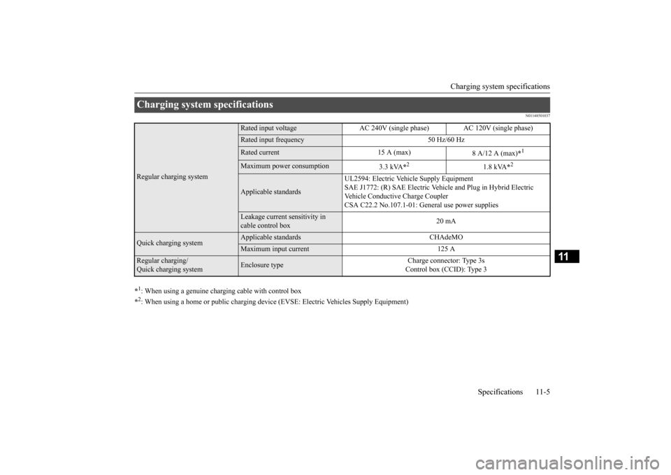 MITSUBISHI iMiEV 2017 1.G Owners Manual Charging system specifications
Specifications 11-5
11
N01148501037
*1: When using a genuine charging cable with control box *2: When using a home or public charging device
(EVSE: Electric Vehicles MITSUBISHI iMiEV 2017 1.G Owners Manual Charging system specifications
Specifications 11-5
11
N01148501037
*1: When using a genuine charging cable with control box *2: When using a home or public charging device
(EVSE: Electric Vehicles