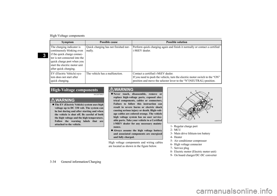 MITSUBISHI iMiEV 2017 1.G Owners Manual High-Voltage components 3-34 General information/Charging
3
N01205700027
High voltage components and wiring cables are located as shown in the figure below. 
The charging indicator is  continuously bl