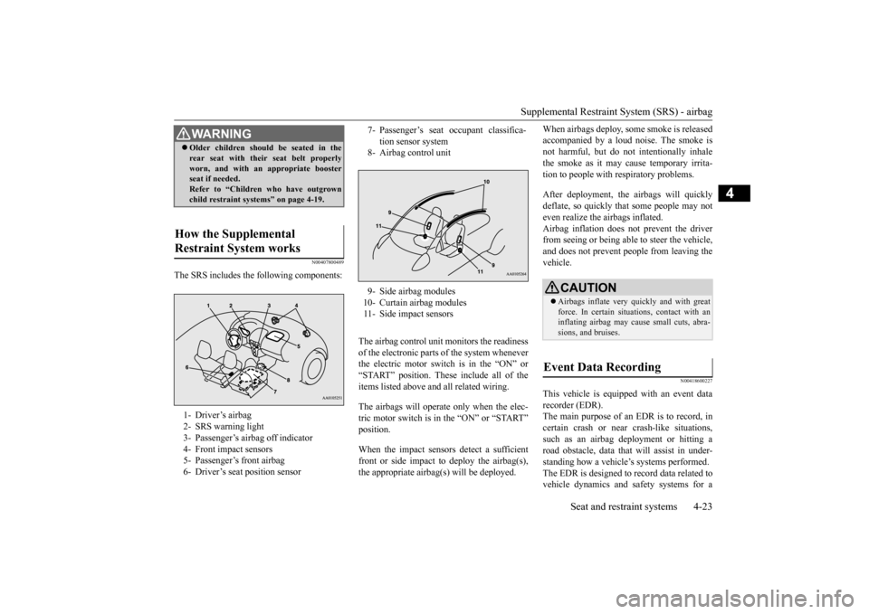 MITSUBISHI iMiEV 2017 1.G Owners Manual Supplemental Restraint System (SRS) - airbag 
Seat and restraint systems 4-23
4
N00407800489
The SRS includes the following components: 
The airbag control unit  
monitors the readiness 
of the electr