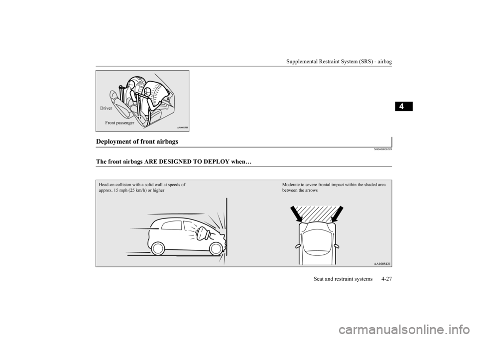 MITSUBISHI iMiEV 2017 1.G Owners Manual Supplemental Restraint System (SRS) - airbag
Seat and restraint systems 4-27
4
N00408000589
Driver Front passenger
Deployment of front airbags The front airbags ARE DESIGNED TO DEPLOY when… appro MITSUBISHI iMiEV 2017 1.G Owners Manual Supplemental Restraint System (SRS) - airbag
Seat and restraint systems 4-27
4
N00408000589
Driver Front passenger
Deployment of front airbags The front airbags ARE DESIGNED TO DEPLOY when… appro