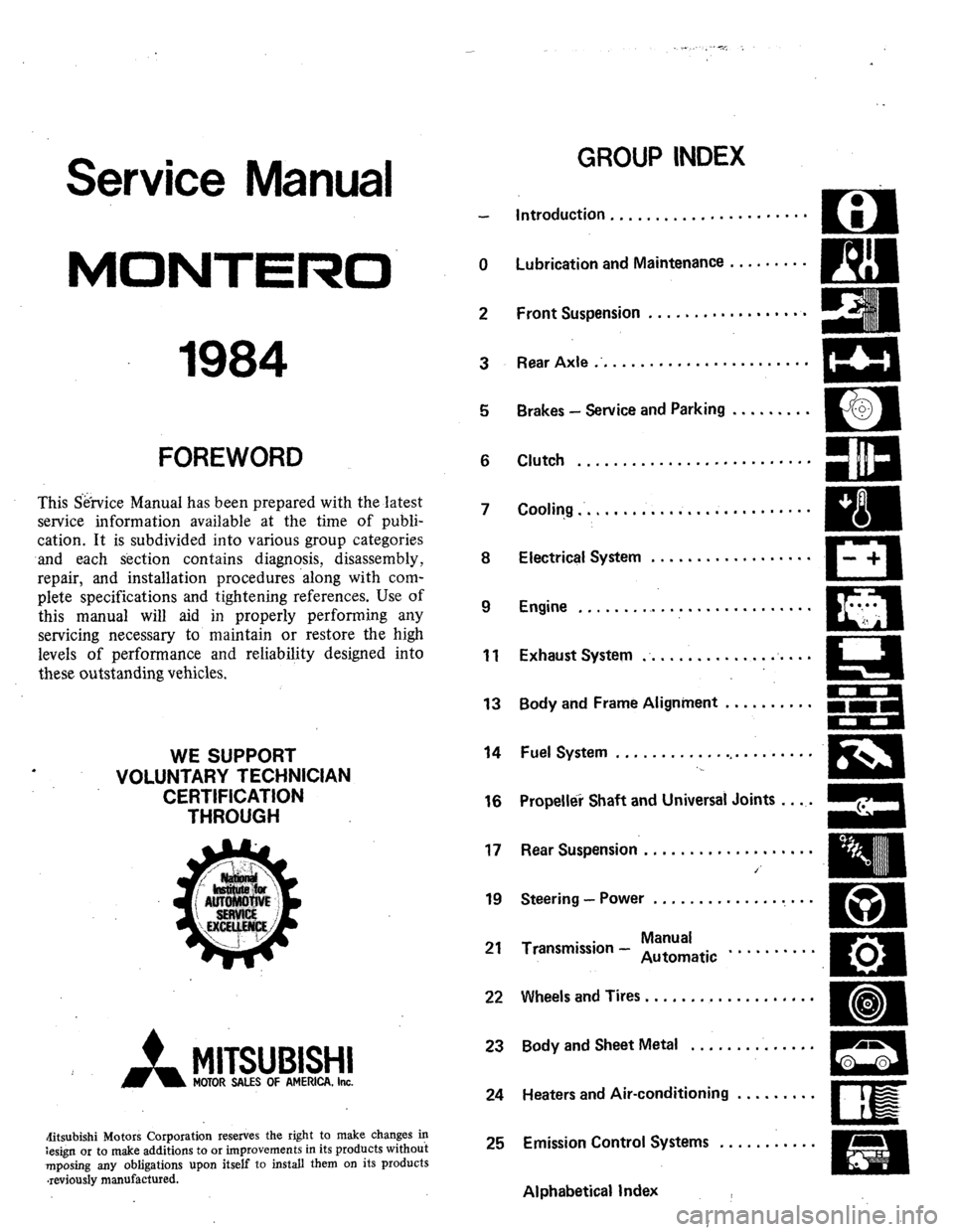 MITSUBISHI MONTERO 1984 1.G Workshop Manual . . c-, : 
Service Manual 
MONTERO 
1984 
FOREWORD 
This Sk-vice Manual has been prepared with the latest 
service information available at the time of publi- 
cation. It is subdivided into various gr