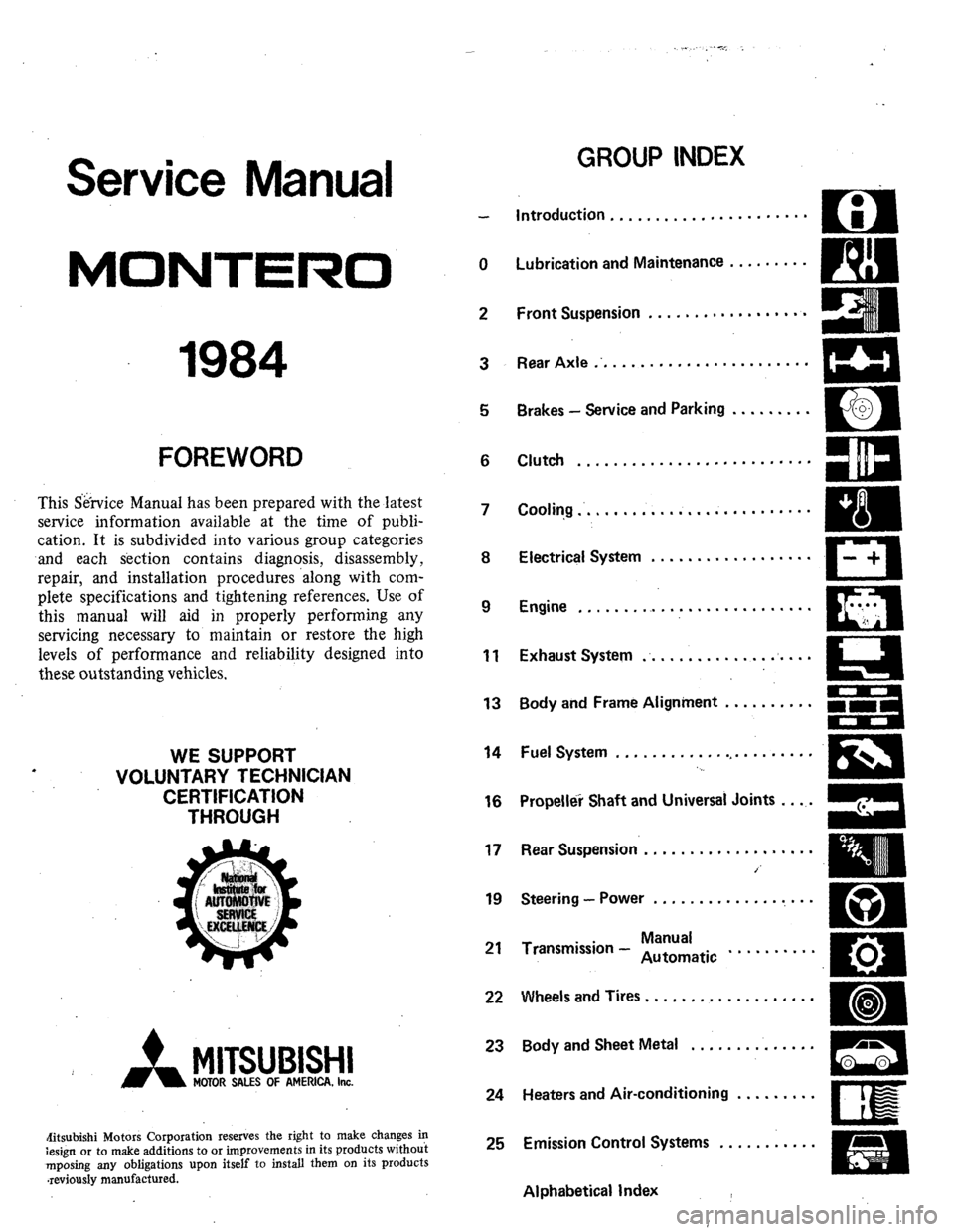 MITSUBISHI MONTERO 1984 1.G Workshop Manual . . c-, : 
Service Manual 
MONTERO 
1984 
FOREWORD 
This Sk-vice Manual has been prepared with the latest 
service information available at the time of publi- 
cation. It is subdivided into various gr