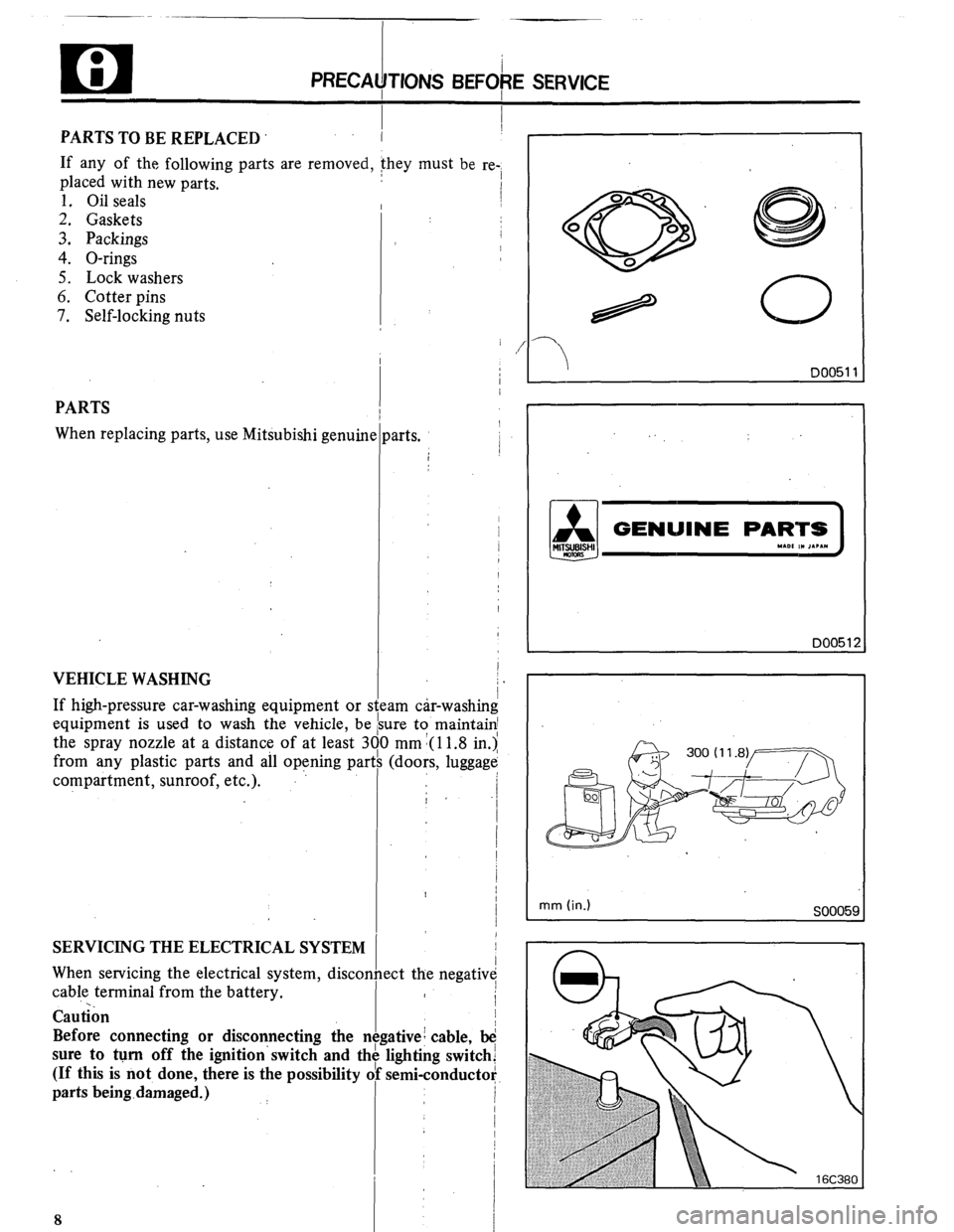 MITSUBISHI MONTERO 1984 1.G Workshop Manual u ; I 
PRECAl/TlONS BEFOFE SERVICE 
PARTS TO BE REPLACED I I 
If any of the following parts are removed, they must be re-i 
placed with new parts. 
1. Oil seals 
2. Gaskets 
3. Packings 
4. O-rings 
5
