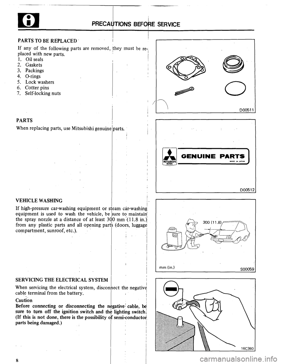 MITSUBISHI MONTERO 1984 1.G Workshop Manual u ; I
PRECAl/TlONS BEFOFE SERVICE
PARTS TO BE REPLACED I I
If any of the following parts are removed, they must be re-i
placed with new parts.
1. Oil seals
2. Gaskets
3. Packings
4. O-rings
5 MITSUBISHI MONTERO 1984 1.G Workshop Manual u ; I
PRECAl/TlONS BEFOFE SERVICE
PARTS TO BE REPLACED I I
If any of the following parts are removed, they must be re-i
placed with new parts.
1. Oil seals
2. Gaskets
3. Packings
4. O-rings
5