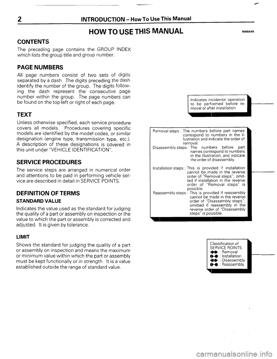 MITSUBISHI MONTERO 1987 1.G Workshop Manual 2 INTRODUCTION - How To Use This Manual 
HOW TO USE THIS MANUAL NOOBAAK 
CONTENTS 
The preceding page contains the GROUP INDEX 
which lists the group title and group number. 
PAGE NUMBERS 
All page nu