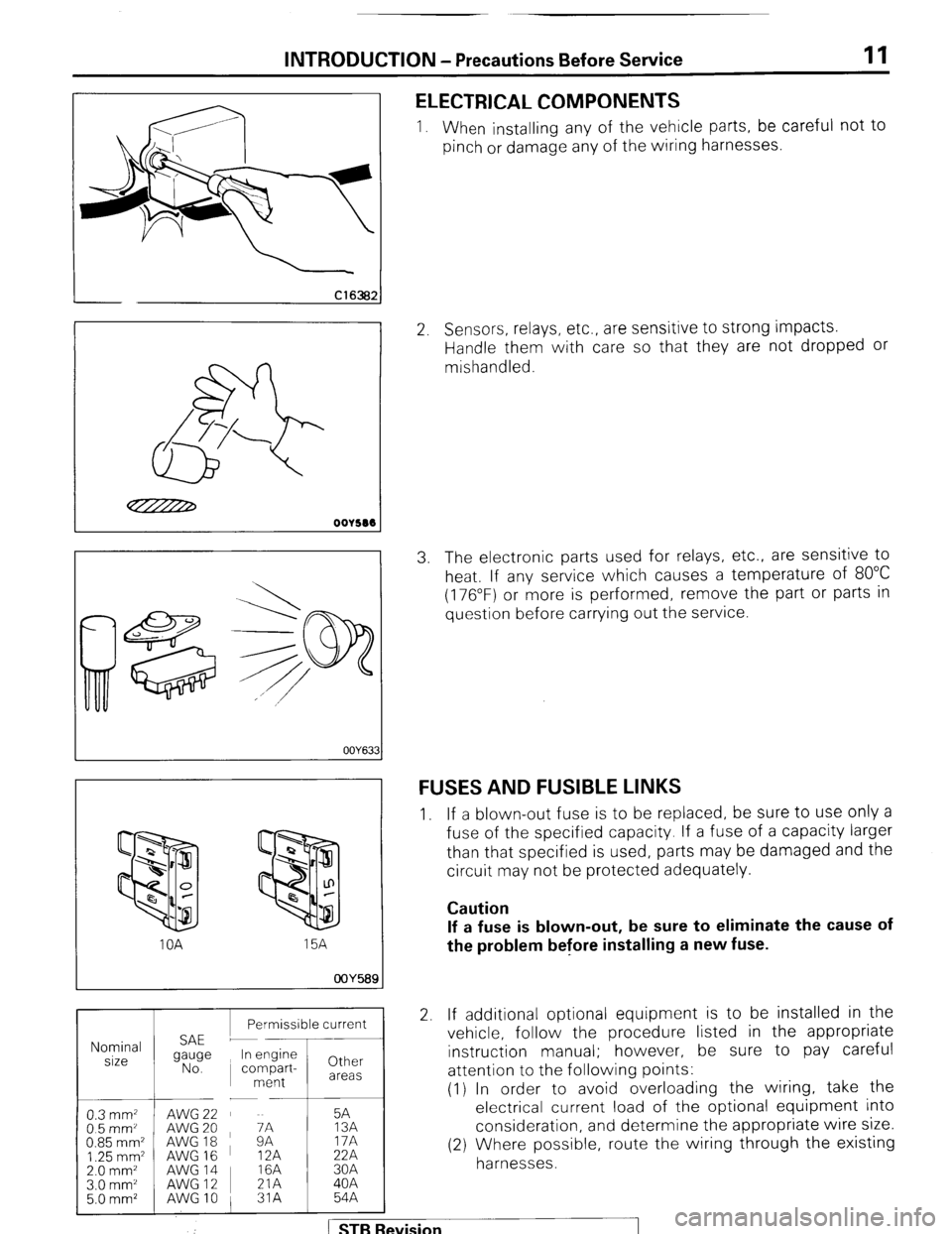 MITSUBISHI MONTERO 1987 1.G Workshop Manual INTRODUCTION - Precautions Before Service 11 
I 
OOY63: 
oOY58S  IOA 15A 
1 Permissible current 1 
Nominal 
size 
0.3 mm2 AWG22 5A 
05mm’ AWG 20 
AWG18 ~ zi 13A 
0.85 mm2 17A 
1.25 mm2 AWG 16 12A 22