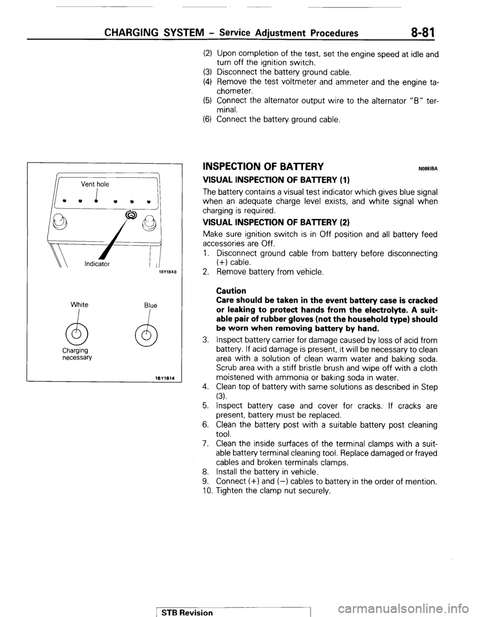 MITSUBISHI MONTERO 1987 1.G Workshop Manual CHARGING SYSTEM - Service Adjustment Procedures 8-81
(2) Upon completion of the test, set the engine speed at idle and
turn off the ignition switch.
(3) Disconnect the battery ground cable.
(4) Re MITSUBISHI MONTERO 1987 1.G Workshop Manual CHARGING SYSTEM - Service Adjustment Procedures 8-81
(2) Upon completion of the test, set the engine speed at idle and
turn off the ignition switch.
(3) Disconnect the battery ground cable.
(4) Re