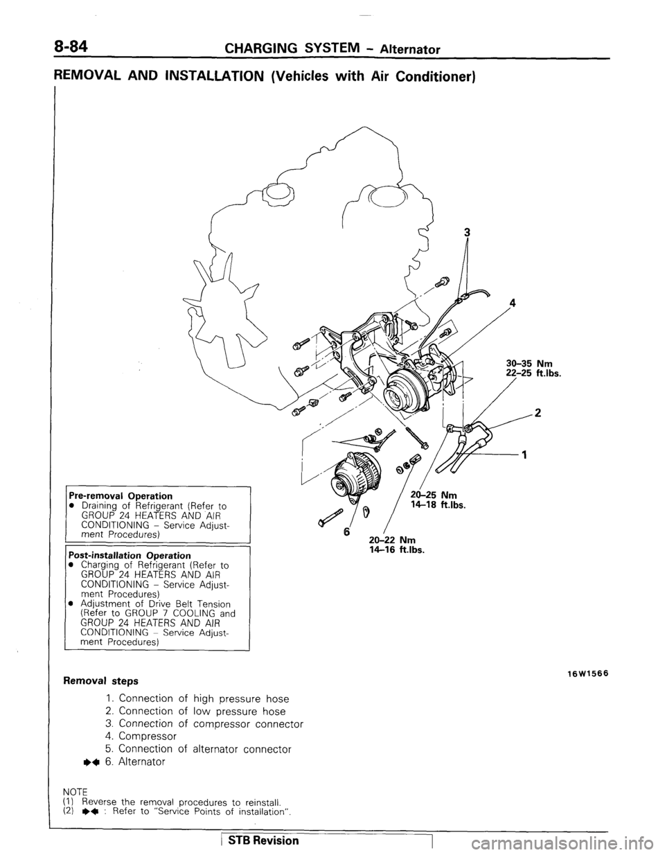 MITSUBISHI MONTERO 1987 1.G Workshop Manual 8-84 CHARGING SYSTEM - Alternator 
REMOVAL AND INSTALLATION (Vehicles with Air Conditioner) 
30-35 Nm 
20-22 Nm 
14-16 ft.lbs.  D Draining of Refrigerant (Refer to 
CONDITIONING - Service Adjust- 
1 �