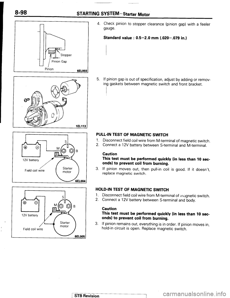 MITSUBISHI MONTERO 1987 1.G Workshop Manual 8-98 STARTING SYSTEM -Starter Motor
Pinion
6EL003
lEL113
/ Field coil wire
Field coil wire
4. Check pinion to stopper clearance (pinion gap) with a feeler
gauge.
Standard value : 0.5-2.0 mm (. MITSUBISHI MONTERO 1987 1.G Workshop Manual 8-98 STARTING SYSTEM -Starter Motor
Pinion
6EL003
lEL113
/ Field coil wire
Field coil wire
4. Check pinion to stopper clearance (pinion gap) with a feeler
gauge.
Standard value : 0.5-2.0 mm (.