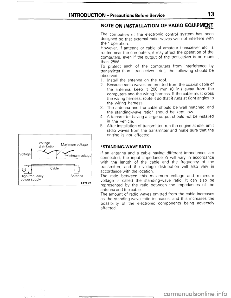 MITSUBISHI MONTERO 1987 1.G Workshop Manual INTRODUCTION - Precautions Before Service 13 
IKITE ON INSTALLATION OF RADIO EQUIPMW& 
The computers of the electronic control system has been 
designed so that external radio waves will not interfere