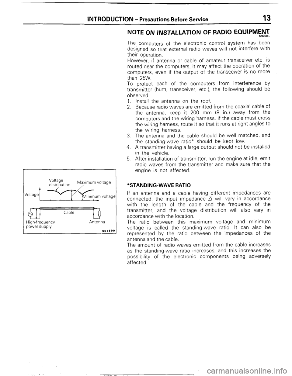 MITSUBISHI MONTERO 1987 1.G User Guide INTRODUCTION - Precautions Before Service 13
IKITE ON INSTALLATION OF RADIO EQUIPMW&
The computers of the electronic control system has been
designed so that external radio waves will not interfere MITSUBISHI MONTERO 1987 1.G User Guide INTRODUCTION - Precautions Before Service 13
IKITE ON INSTALLATION OF RADIO EQUIPMW&
The computers of the electronic control system has been
designed so that external radio waves will not interfere
