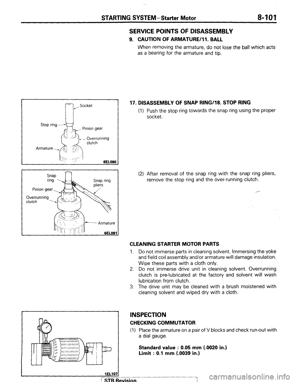 MITSUBISHI MONTERO 1987 1.G Workshop Manual STARTING SYSTEM-Starter Motor 8-101 
Snap 
L Armature 
1ELlO 
pi- 
SERVICE POINTS OF DISASSEMBLY 
9. CAUTION OF ARMATURE/ll. BALL 
When removing the armature, do not lose the ball which acts 
as a bea