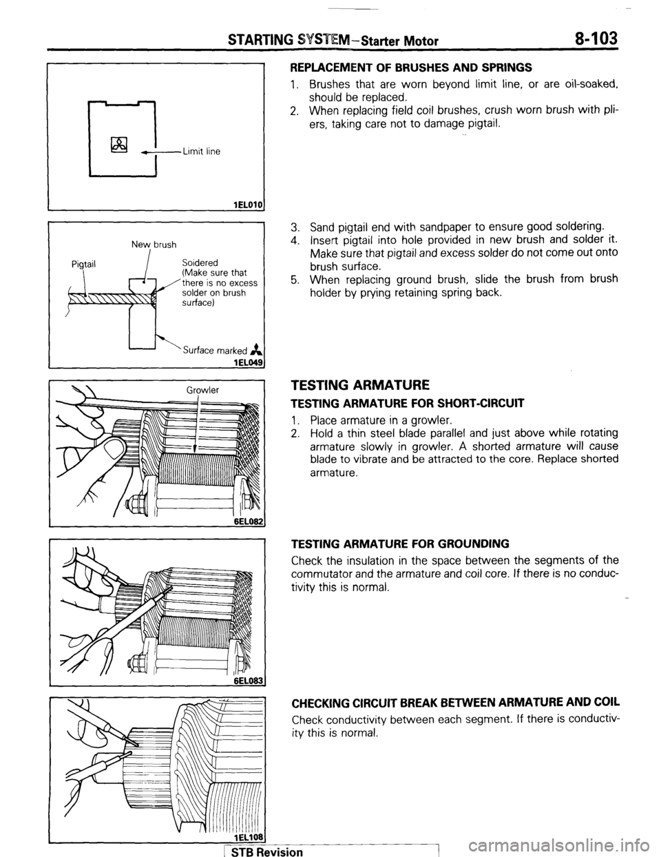 MITSUBISHI MONTERO 1987 1.G Workshop Manual STARTING SYSTEM -Starter Motor 8-103 
E i&l 
-Limit line 
1ELOlI 
New brush 
Soidered 
(Make sure that 
there is no excess 
solder on brush 
surface) 
Surface marked If 
1ELM 
6EL082 
1FL 108 
REPLACE