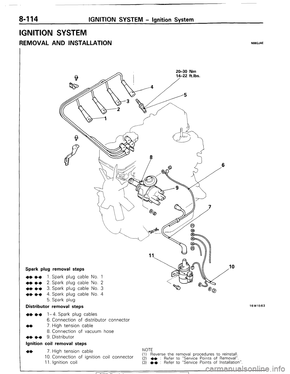 MITSUBISHI MONTERO 1987 1.G Workshop Manual 8-114 IGNITION SYSTEM - Ignition System
IGNITION SYSTEM
REMOVAL AND INSTALLATION NOEGJAE
20-30
Nm
Spark plug removal steps
+e l
+ 1. Spark plug cable No. 1
~~ ~~ 2. Spark plug cable No. 2
+e MITSUBISHI MONTERO 1987 1.G Workshop Manual 8-114 IGNITION SYSTEM - Ignition System
IGNITION SYSTEM
REMOVAL AND INSTALLATION NOEGJAE
20-30
Nm
Spark plug removal steps
+e l
+ 1. Spark plug cable No. 1
~~ ~~ 2. Spark plug cable No. 2
+e