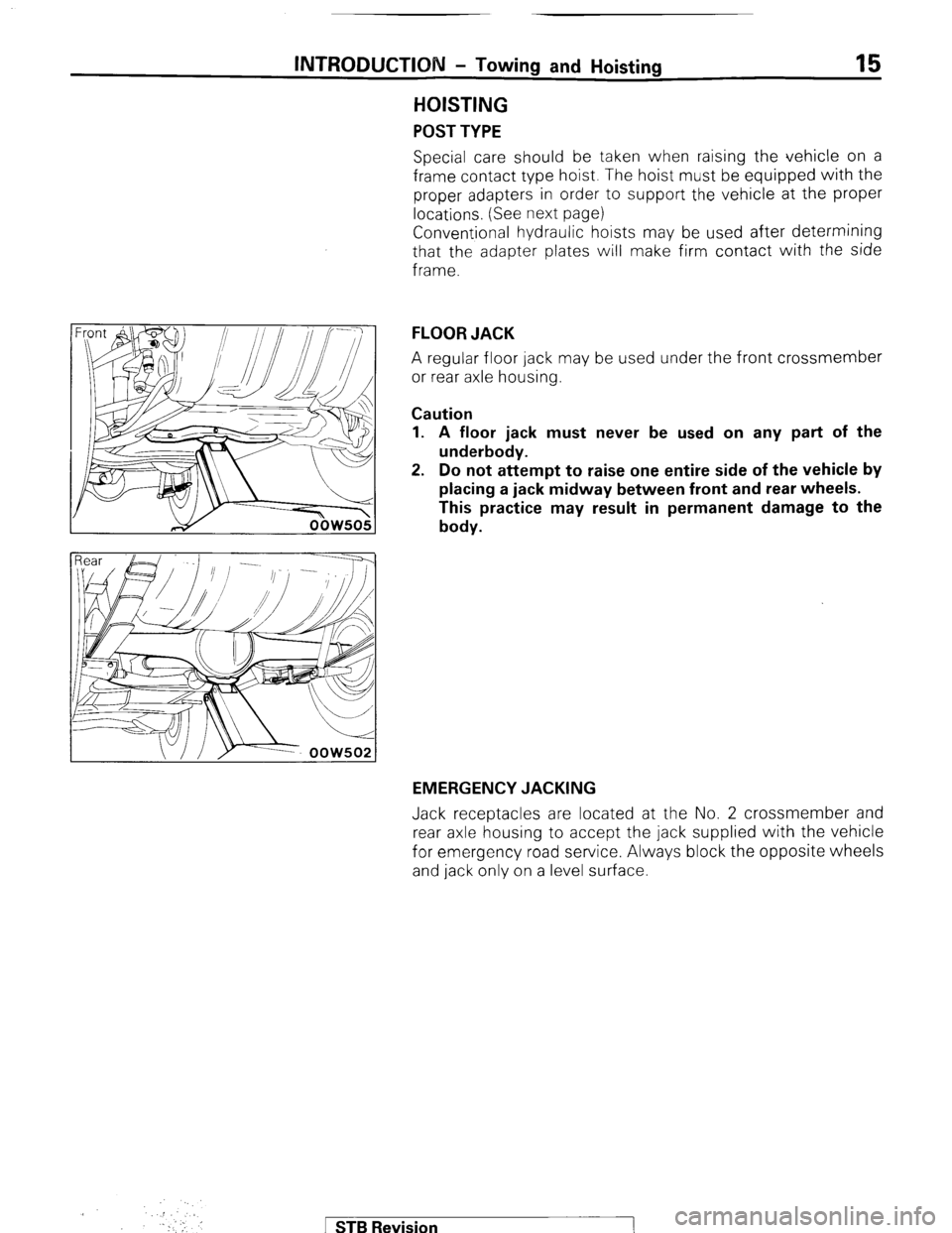 MITSUBISHI MONTERO 1987 1.G Workshop Manual INTRODUCTION - Towing and Hoisting 
HOISTING 
POST TYPE 
15 
Special care should be taken when raising the vehicle on a 
frame contact type hoist. The hoist must be equipped with the 
proper adapters 