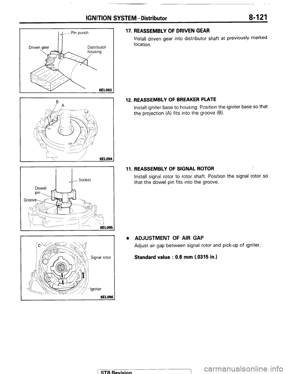 MITSUBISHI MONTERO 1987 1.G Workshop Manual IGNITION SYSTEM-Distributor 8-121
Distributor
w 6EL093
/” A
I -1-- Socket
17. REASSEMBLY OF DRIVEN GEAR Install
driven gear into distributor shaft at previously marked
location.
12. REASSEM MITSUBISHI MONTERO 1987 1.G Workshop Manual IGNITION SYSTEM-Distributor 8-121
Distributor
w 6EL093
/” A
I -1-- Socket
17. REASSEMBLY OF DRIVEN GEAR Install
driven gear into distributor shaft at previously marked
location.
12. REASSEM
