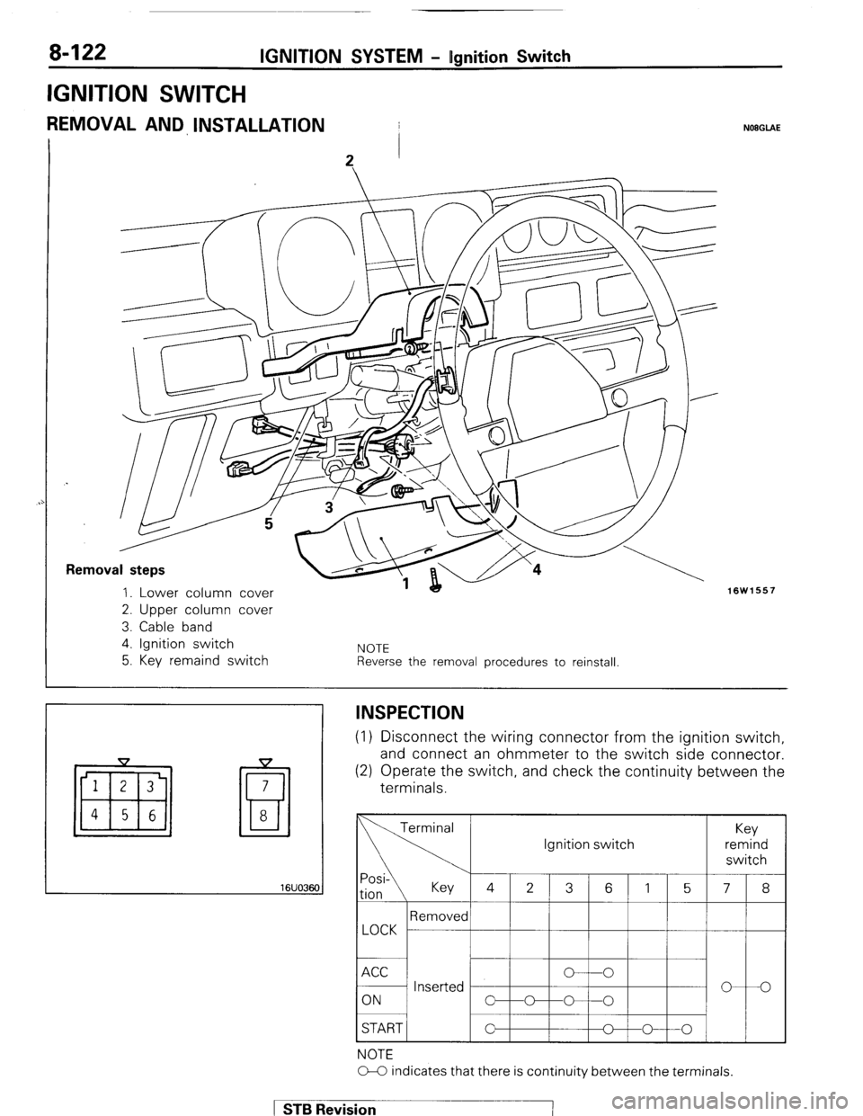 MITSUBISHI MONTERO 1987 1.G Workshop Manual 8-122 IGNITION SYSTEM - Ugnition Switch
IGNITION SWITCH
REMOVAL AND INSTALLATION
Removal steps
1. Lower column cover
2. Upper column cover
3. Cable band
4. Ignition switch
5. Key remaind switc MITSUBISHI MONTERO 1987 1.G Workshop Manual 8-122 IGNITION SYSTEM - Ugnition Switch
IGNITION SWITCH
REMOVAL AND INSTALLATION
Removal steps
1. Lower column cover
2. Upper column cover
3. Cable band
4. Ignition switch
5. Key remaind switc