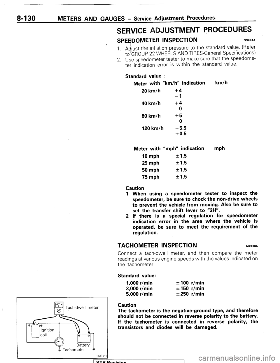 MITSUBISHI MONTERO 1987 1.G Workshop Manual 8430 METERS AND GAUGES - Service Adjustment Procedures. 
SERVICE BJUSTMENT. PROCEDURES 
SPEEDOMETER INSPECTION NOSHIAA 
I. Adjust tire inflation pressure to the standard value. (Refer 
to’GROUP 22 W