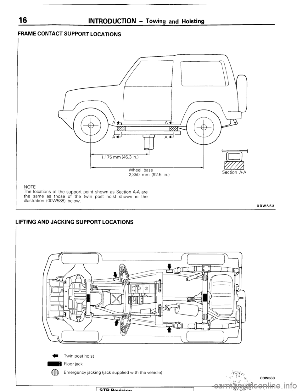 MITSUBISHI MONTERO 1987 1.G Workshop Manual 16 INTRODUCTION - Towitng and Hoisting 
FRAME CONTACT SUPPORT LOCATIONS 
2,350 mm (92.5 in.) Section A-A 
NOTE 
The locations of the support point shown as Section A-A are 
the same as those of the tw