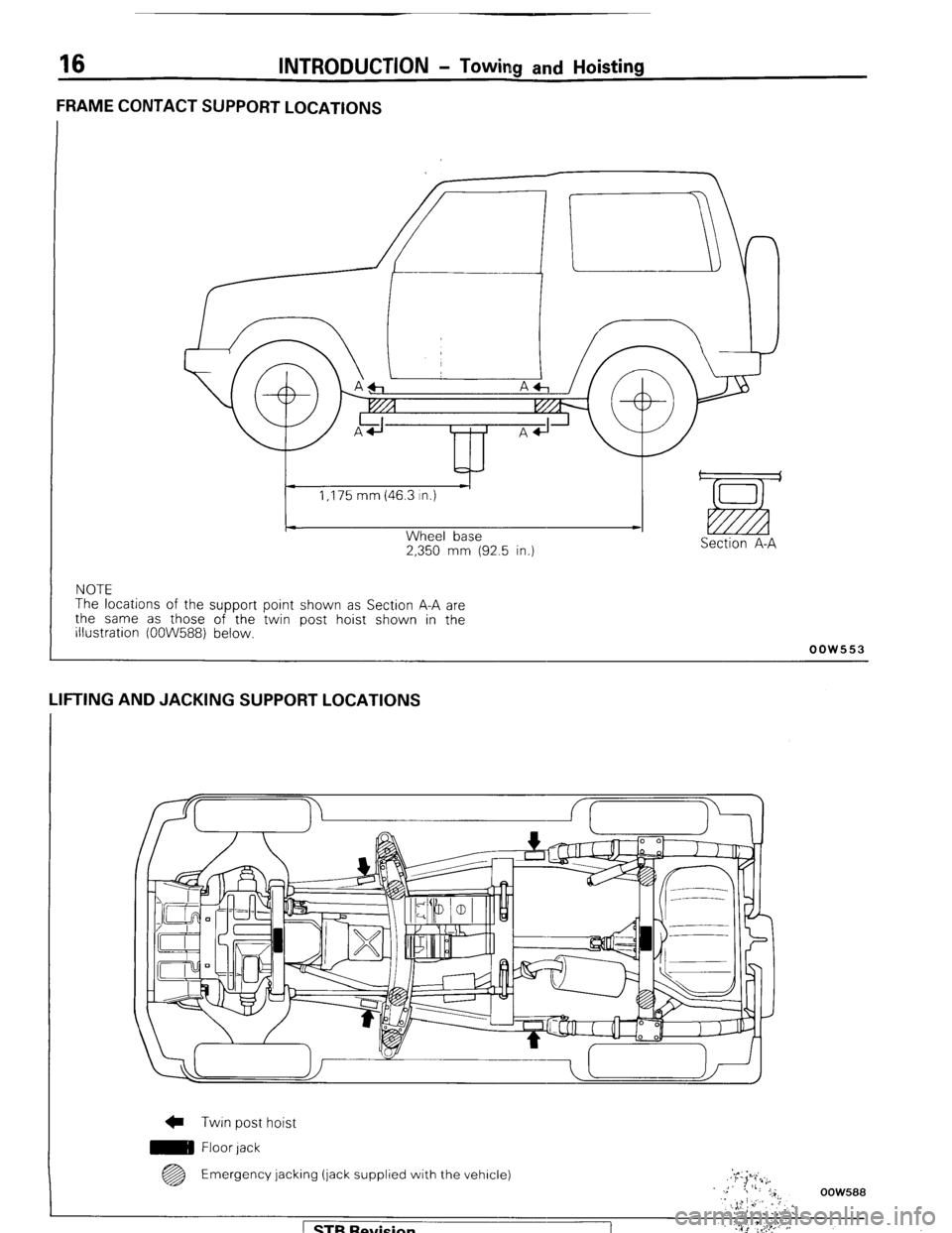 MITSUBISHI MONTERO 1987 1.G User Guide 16 INTRODUCTION - Towitng and Hoisting
FRAME CONTACT SUPPORT LOCATIONS
2,350 mm (92.5 in.) Section A-A
NOTE
The locations of the support point shown as Section A-A are
the same as those of the tw MITSUBISHI MONTERO 1987 1.G User Guide 16 INTRODUCTION - Towitng and Hoisting
FRAME CONTACT SUPPORT LOCATIONS
2,350 mm (92.5 in.) Section A-A
NOTE
The locations of the support point shown as Section A-A are
the same as those of the tw