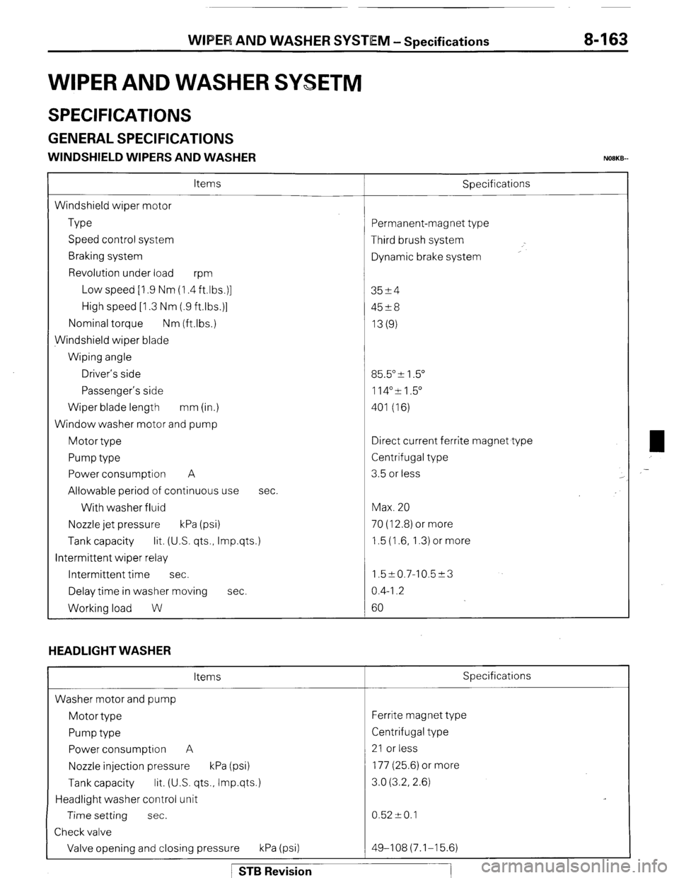 MITSUBISHI MONTERO 1987 1.G Workshop Manual WIPER AND WASHER SYSTEM -Specifications 8-163 
WIPER AND WASHER SYSETM 
SPECIFICATIONS 
GENERAL SPECIFICATIONS 
WINDSHIELD WIPERS AND WASHER NOBKB- 
Items 
Windshield wiper motor 
Type 
Speed control 