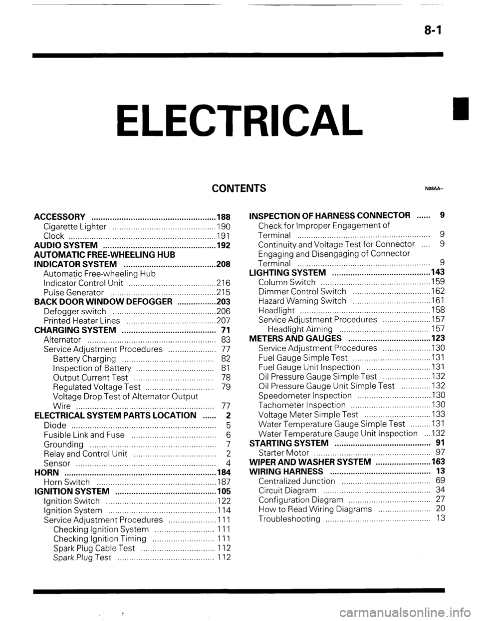 MITSUBISHI MONTERO 1987 1.G Workshop Manual 8-1 
ELECTRICAL 
CONTENTS 
NOBAA- 
ACCESSORY ...................................................... 
188 
Cigarette Lighter ............................................ 
,190 
Clock ..................