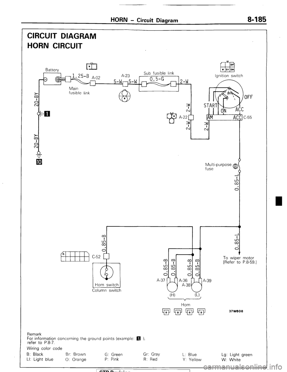 MITSUBISHI MONTERO 1987 1.G Workshop Manual HORN - Circuit Diagram 8485 
CIRCUIT DIAGRAM 
HORN CIRCUIT 
fusible link 
OFF 
Multi-purpose @ 
fuse 
I r t 
m 
I 
2 
d 
1 To wiper 
[Refer to 
Horn switch 
Column switch mm 
mm 
I I 
I I 
2% 
$2 
dd 