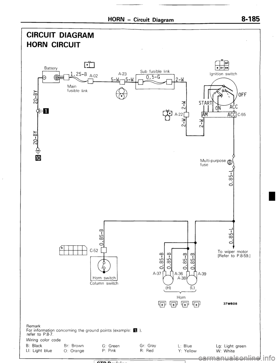 MITSUBISHI MONTERO 1987 1.G Workshop Manual HORN - Circuit Diagram 8485
CIRCUIT DIAGRAM
HORN CIRCUIT
fusible link
OFF
Multi-purpose @
fuse
I r t
m
I
2
d
1 To wiper
[Refer to
Horn switch
Column switch mm
mm
I I
I I
2%
$2
dd MITSUBISHI MONTERO 1987 1.G Workshop Manual HORN - Circuit Diagram 8485
CIRCUIT DIAGRAM
HORN CIRCUIT
fusible link
OFF
Multi-purpose @
fuse
I r t
m
I
2
d
1 To wiper
[Refer to
Horn switch
Column switch mm
mm
I I
I I
2%
$2
dd