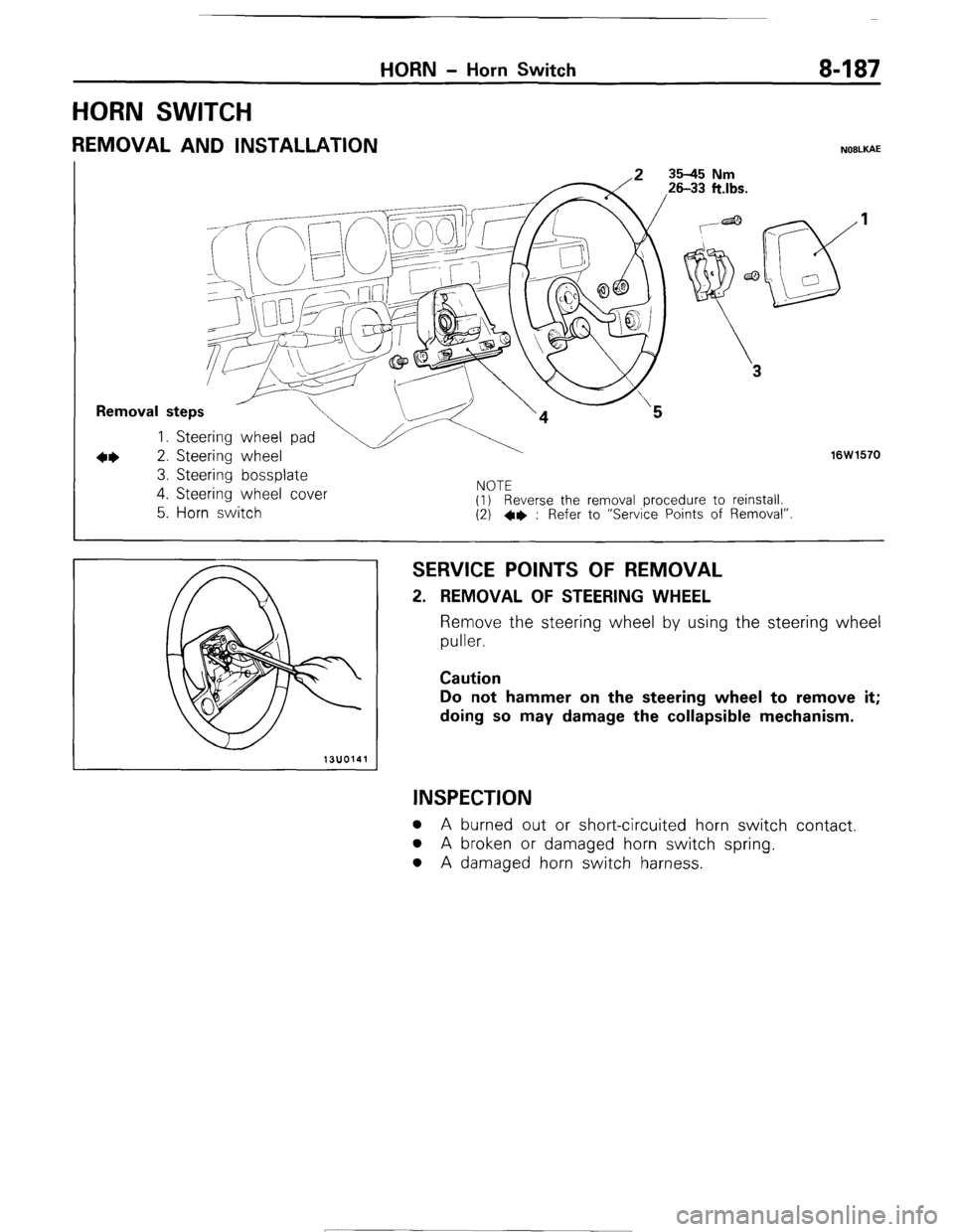 MITSUBISHI MONTERO 1987 1.G Workshop Manual HORN SWITCH
HORN - Horn Switch 8-187
REMOVAL AND INSTALLATION NOILKAE
I T--J2
Removal steps
1. Steering wheel pa
+I) 2. Steering wheel
3. Steering bossplate
16W1570
4. Steering wheel cover
5 MITSUBISHI MONTERO 1987 1.G Workshop Manual HORN SWITCH
HORN - Horn Switch 8-187
REMOVAL AND INSTALLATION NOILKAE
I T--J2
Removal steps
1. Steering wheel pa
+I) 2. Steering wheel
3. Steering bossplate
16W1570
4. Steering wheel cover
5