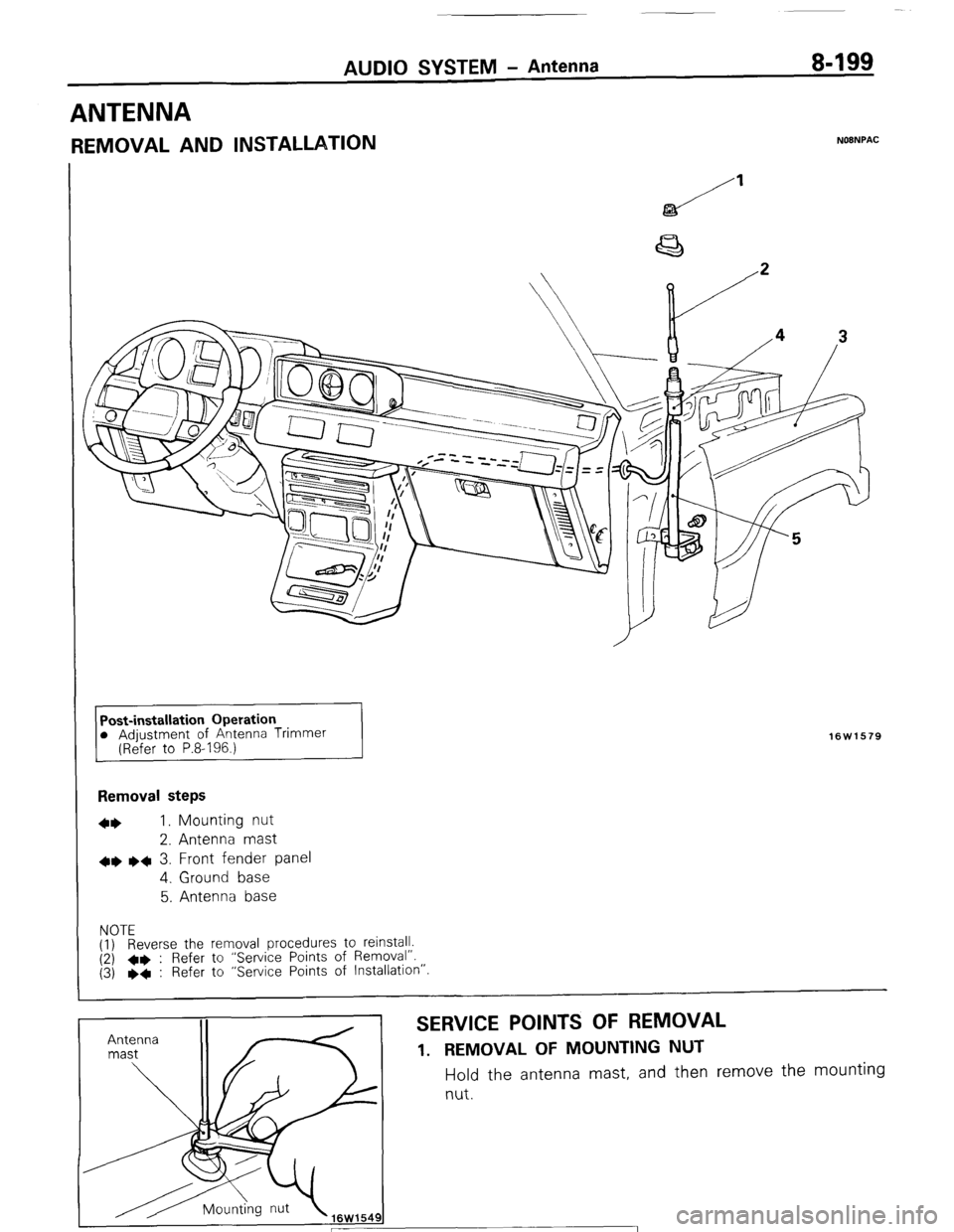 MITSUBISHI MONTERO 1987 1.G Workshop Manual AUDIO SYSTEM - Antenna 8-199 
ANTENNA 
REMOVAL AND INSTALLATION NOSNPAC 
Removal steps 
4* 1. Mounting nut 
2. Antenna mast 
+e w+ 3. Front fender panel 
4. Ground base 
5. Antenna base 
NOTE 
(1) Rev