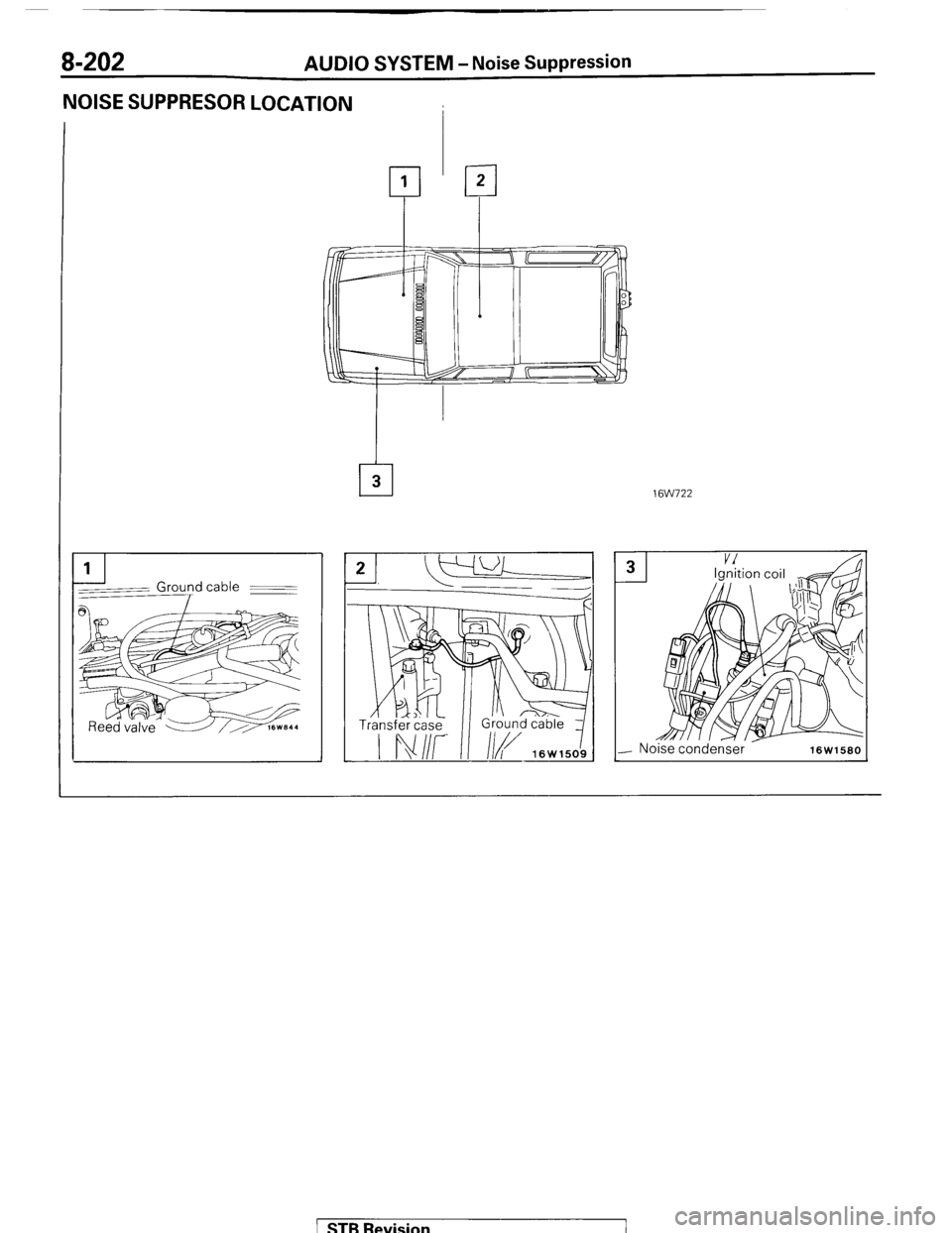 MITSUBISHI MONTERO 1987 1.G Workshop Manual 8-202 AUDIO SYSTEM - Noise Suppression 
NOISE SUPPRESOR LOCATION 
--I 1 
Grou:d cable - - 
- 
16W722 
- Noise condenser 16W1580 1 1 STB Revision  