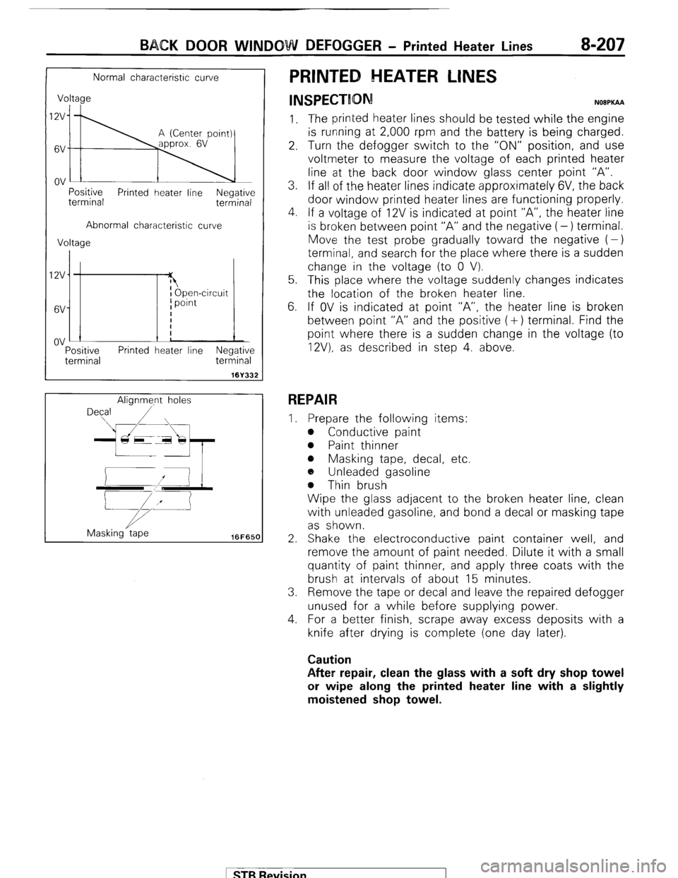 MITSUBISHI MONTERO 1987 1.G Workshop Manual BACK DOOR WINDOW DEFOGGER - Printed Heater Lines B-207 
Normal characteristic curve 
Voltage 
I;\ 
Positive 
terminal Printed heater line Negative 
terminal 
Abnormal characteristic curve 
Voltage 
IZ