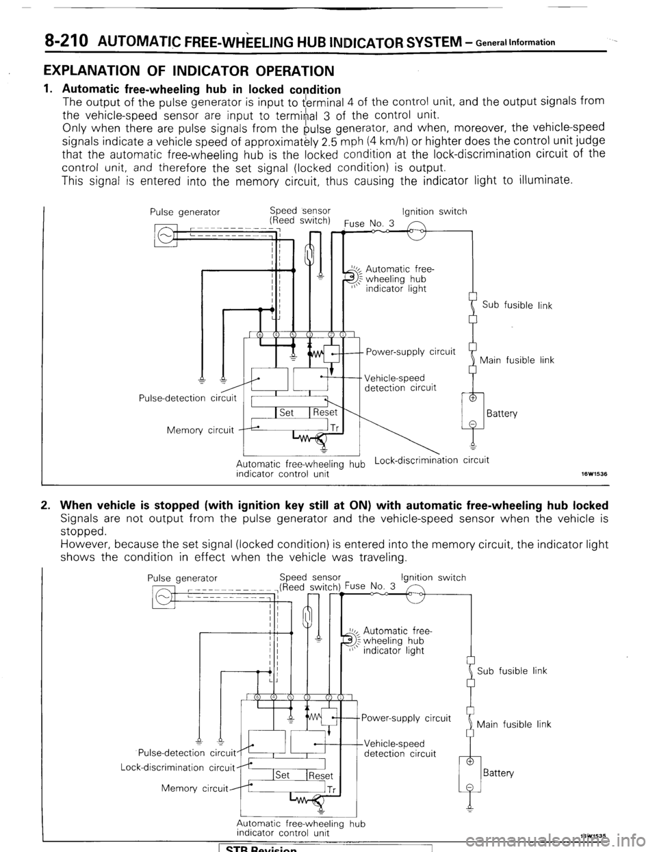MITSUBISHI MONTERO 1987 1.G Workshop Manual 8-210 AUTOMATIC FREE-WHEELING HUB INDICATOR SYSTEM - General Information
EXPLANATION OF INDICATOR OPERATION
.
1.
2. Automatic free-wheeling hub in locked condition
The
output of the pulse genera MITSUBISHI MONTERO 1987 1.G Workshop Manual 8-210 AUTOMATIC FREE-WHEELING HUB INDICATOR SYSTEM - General Information
EXPLANATION OF INDICATOR OPERATION
.
1.
2. Automatic free-wheeling hub in locked condition
The
output of the pulse genera