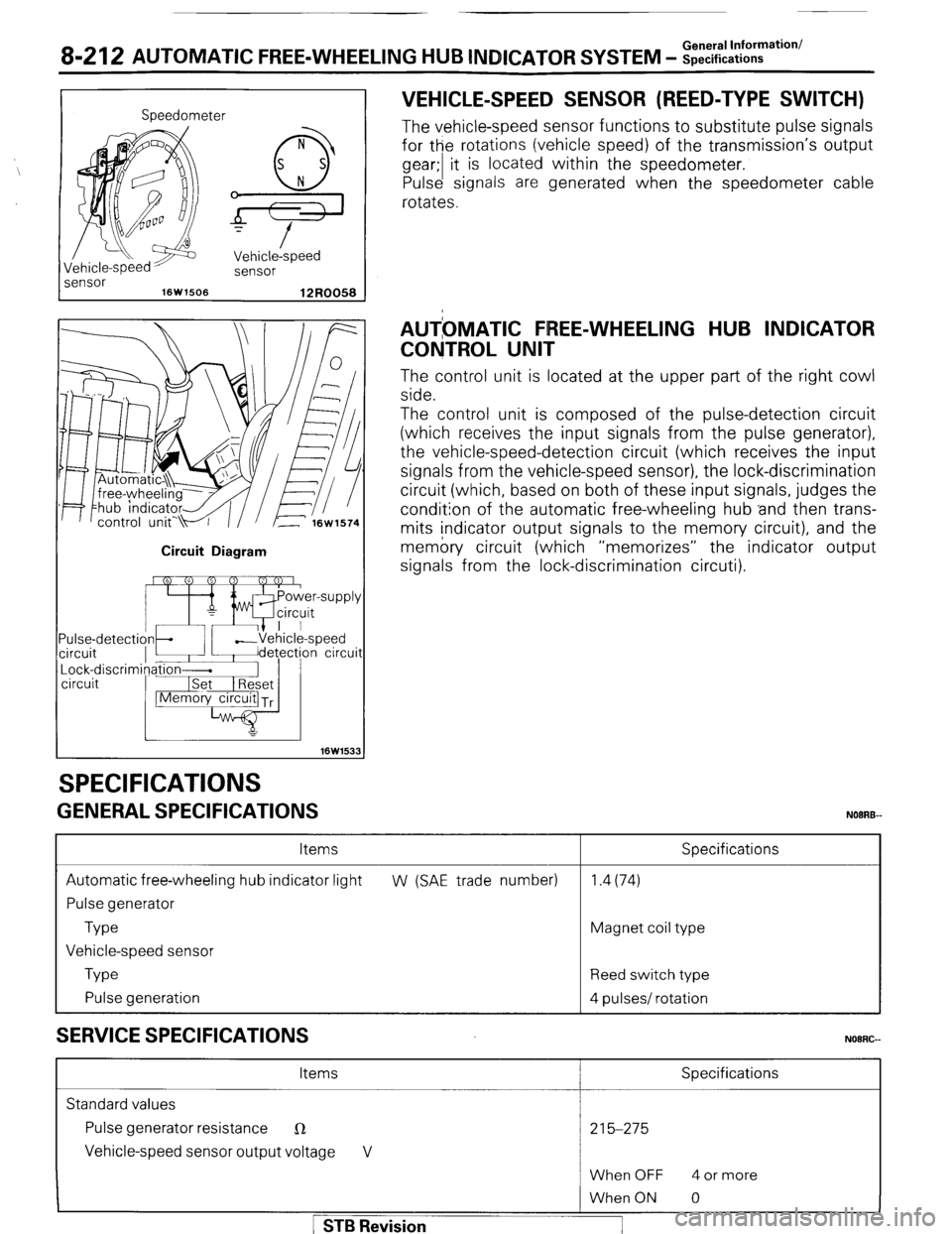 MITSUBISHI MONTERO 1987 1.G Workshop Manual 8-212 AUTOMATIC FREE-WHEELING HUB lNCDlCATOR SYSTEM - $%%60n’~at’on’ 
Speedometer 
I 
iensor Vehicle-speed 
sensor 
16W1506 
12R0058 
Circuit Diagram 
16W153 
SPECIFICATIONS 
GENERAL SPECIFICATI