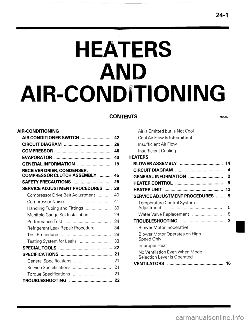 MITSUBISHI MONTERO 1987 1.G Workshop Manual 24-1 
AIR-CO IONING 
CONTENTS 
AIR-CONDITIONING 
AIR CONDITIONER SWITCH ......................... 42 
CIRCUIT DIAGRAM ...................................... . . 26 
COMPRESSOR ........................