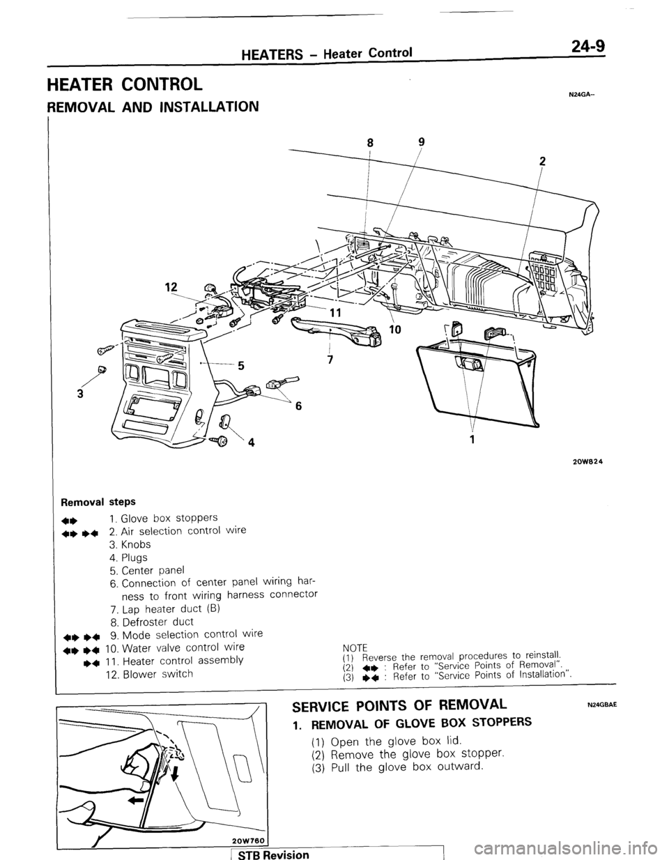 MITSUBISHI MONTERO 1987 1.G Workshop Manual HEATERS - Heater Control 24-9
HEATER CONTROL
N24GA-
REMOVAL AND INSTALLATION
2QW824
Removal steps
4+ 1. Glove box stoppers
++ ~~ 2. Air selection control wire
3. Knobs
4. Plugs
5. Center pan MITSUBISHI MONTERO 1987 1.G Workshop Manual HEATERS - Heater Control 24-9
HEATER CONTROL
N24GA-
REMOVAL AND INSTALLATION
2QW824
Removal steps
4+ 1. Glove box stoppers
++ ~~ 2. Air selection control wire
3. Knobs
4. Plugs
5. Center pan