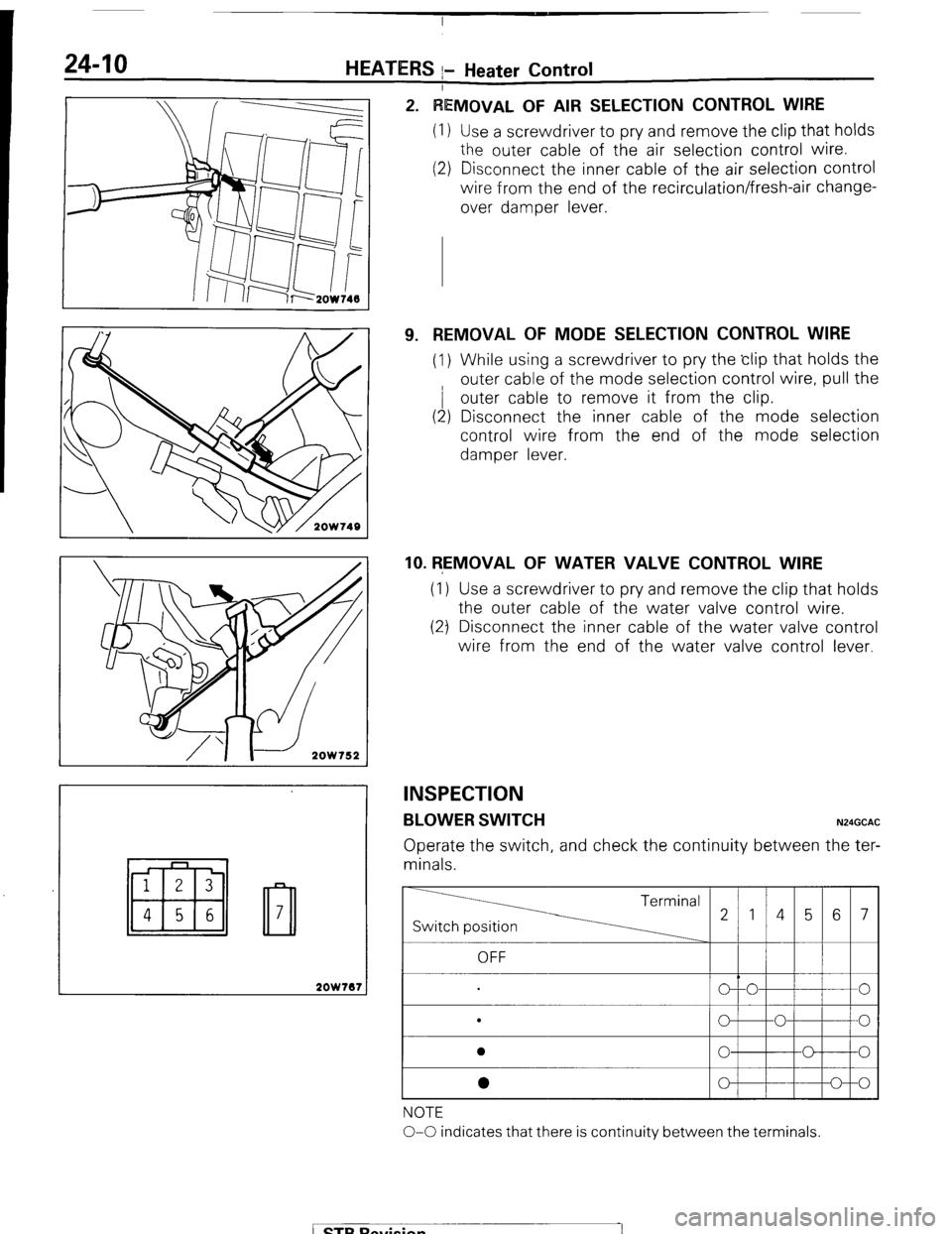 MITSUBISHI MONTERO 1987 1.G Workshop Manual 24-10 HEATERS I- Heater Control
2ow7a7
VIOVAL OF AIR SELECTION CONTROL WIRE
Use a screwdriver to pry and remove the clip that holds
the outer cable of the air selection control wire.
Disconnect t MITSUBISHI MONTERO 1987 1.G Workshop Manual 24-10 HEATERS I- Heater Control
2ow7a7
VIOVAL OF AIR SELECTION CONTROL WIRE
Use a screwdriver to pry and remove the clip that holds
the outer cable of the air selection control wire.
Disconnect t