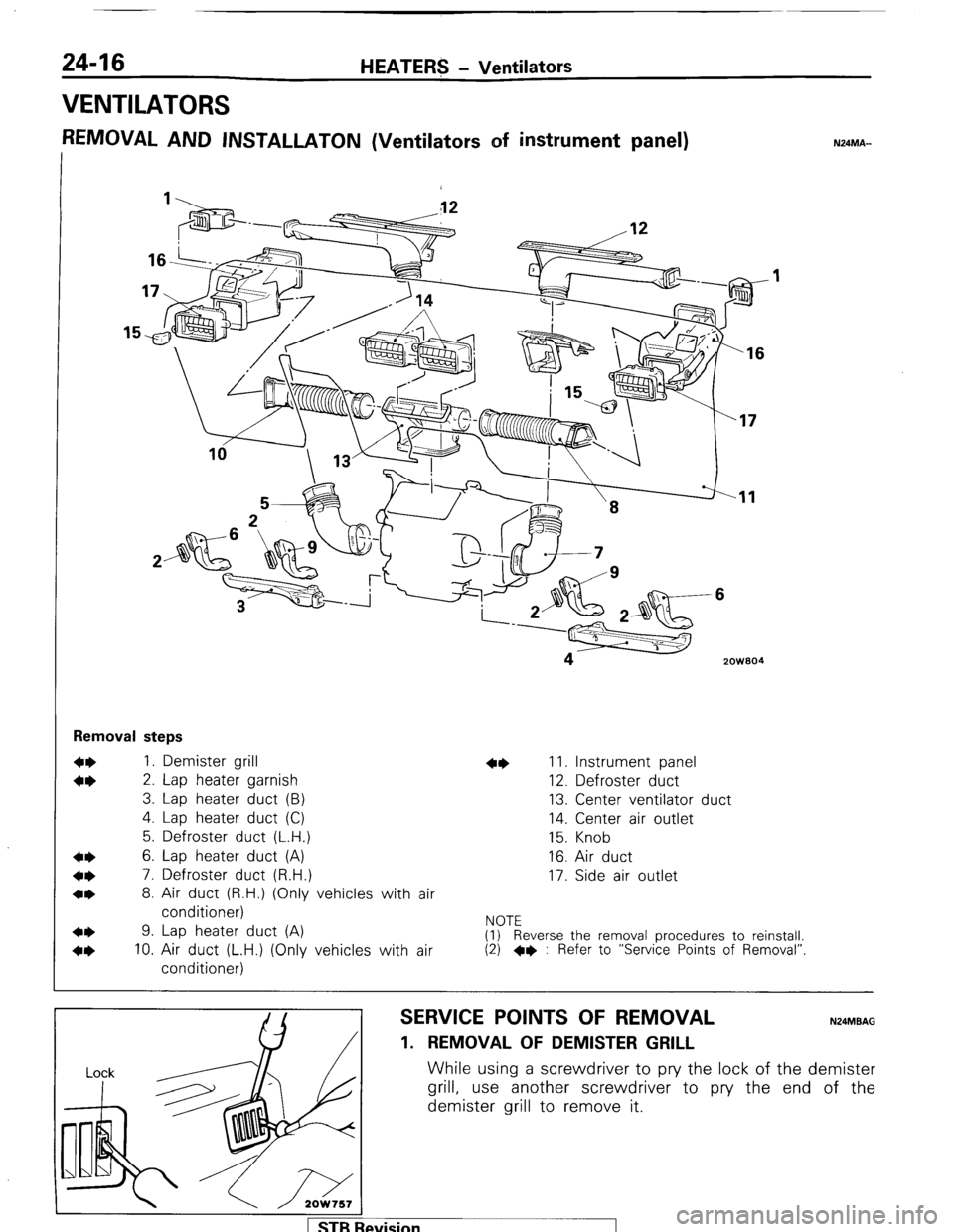 MITSUBISHI MONTERO 1987 1.G Workshop Manual 24-16 HEATER? - Ventilators 
VENTILATORS 
REMOVAL AND INSTALLATON (Ventilators of instrument panel) N24MA- 
‘16 
zowaa I4 
Removal steps 
1. Demister grill 
2. Lap heater garnish 
3. Lap heater duct