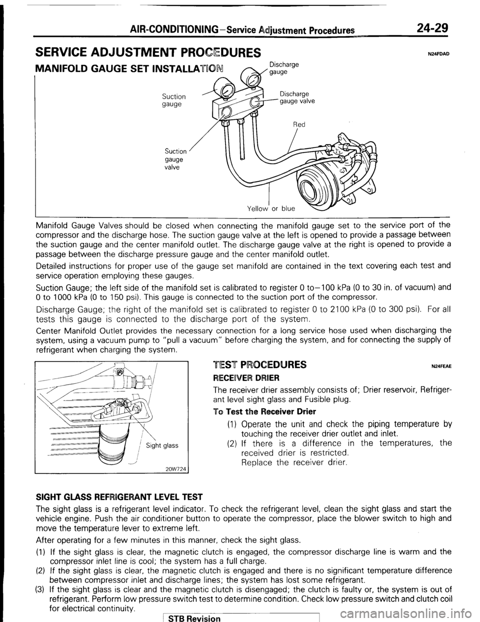 MITSUBISHI MONTERO 1987 1.G Workshop Manual AIR-CONDITIONING-Service Adjustment Procedures 
SERVICE ADJUSTMENT PROCQDURES 24-29 N24FDAD 
MANIFOLD GAUGE SET INSTALLATUON Discharge 
W gauge 
Suction 
gauge 
Suction 
gauge 
valve Manifold Gauge Va
