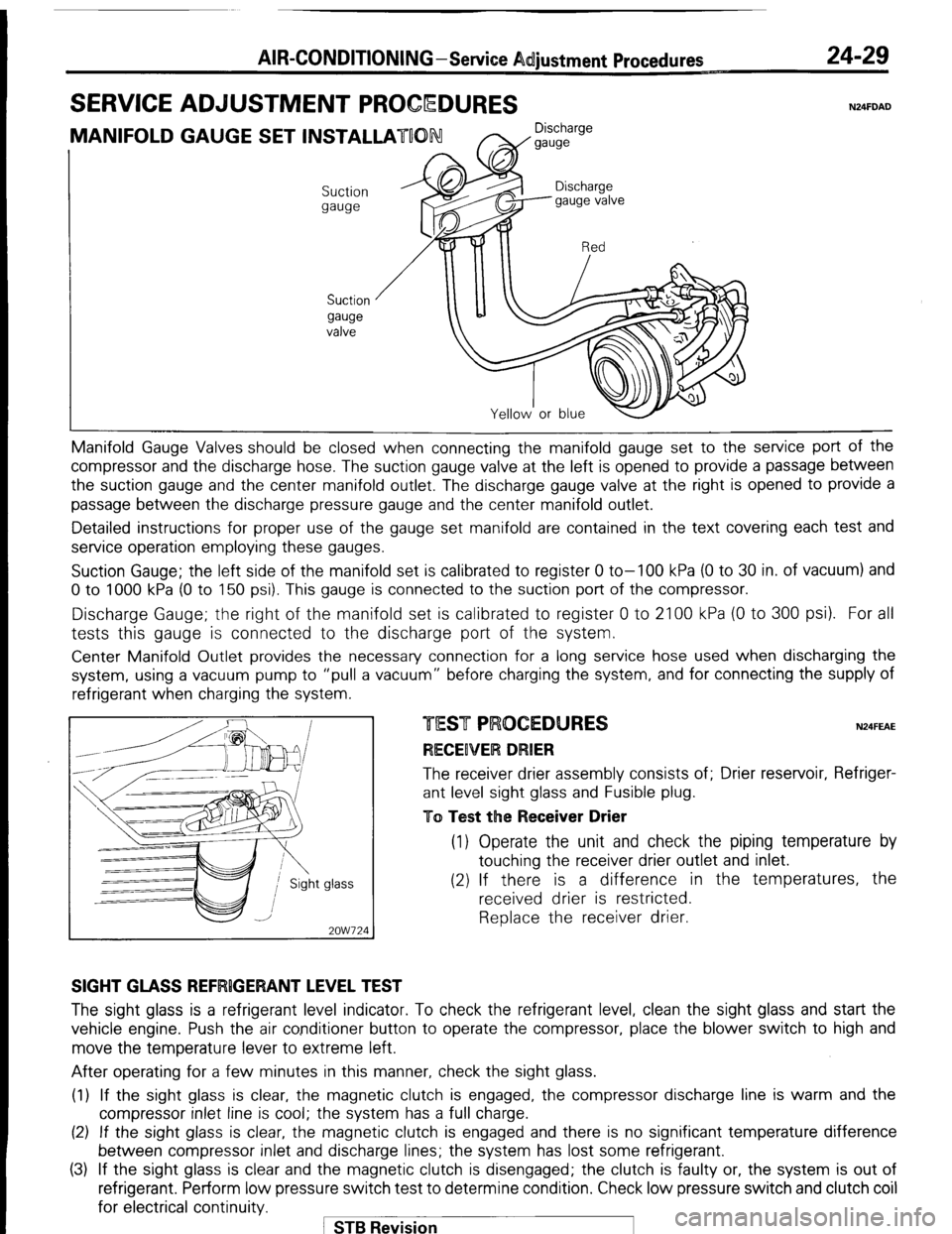 MITSUBISHI MONTERO 1987 1.G User Guide AIR-CONDITIONING-Service Adjustment Procedures
SERVICE ADJUSTMENT PROCQDURES 24-29 N24FDAD
MANIFOLD GAUGE SET INSTALLATUON Discharge
W gauge
Suction
gauge
Suction
gauge
valve Manifold Gauge Va MITSUBISHI MONTERO 1987 1.G User Guide AIR-CONDITIONING-Service Adjustment Procedures
SERVICE ADJUSTMENT PROCQDURES 24-29 N24FDAD
MANIFOLD GAUGE SET INSTALLATUON Discharge
W gauge
Suction
gauge
Suction
gauge
valve Manifold Gauge Va
