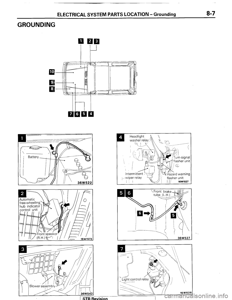 MITSUBISHI MONTERO 1987 1.G Owners Manual ELECTRICAL SYSTEM PARTS LOCATION -Grounding 8-7
GROUNDING
I
Headlight
washer relay,
h !Ja -/
_ .-----
/ 1 STB Revision MITSUBISHI MONTERO 1987 1.G Owners Manual ELECTRICAL SYSTEM PARTS LOCATION -Grounding 8-7
GROUNDING
I
Headlight
washer relay,
h !Ja -/
_ .-----
/ 1 STB Revision