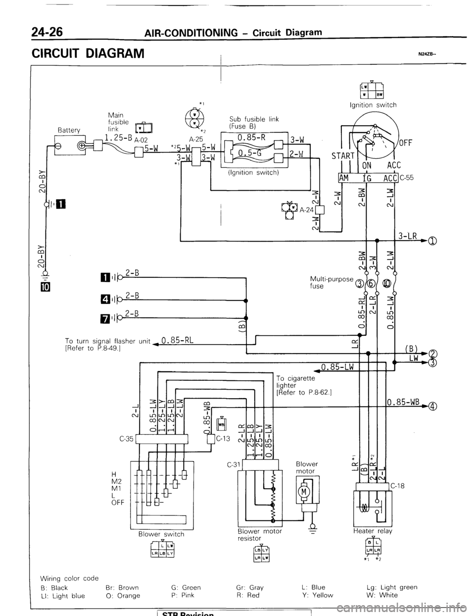 MITSUBISHI MONTERO 1987 1.G User Guide 24-26 AIR-CONDITIONING - Circuit Diagram
CIRCUIT DIAGRAM I N24ZB--
Ignition switch
Main
link Sub fusible link
(Fuse B)
I Battery
3
To turn signal flasher unit ~
0.85-RL [Refer to P.8-49.1
i MITSUBISHI MONTERO 1987 1.G User Guide 24-26 AIR-CONDITIONING - Circuit Diagram
CIRCUIT DIAGRAM I N24ZB--
Ignition switch
Main
link Sub fusible link
(Fuse B)
I Battery
3
To turn signal flasher unit ~
0.85-RL [Refer to P.8-49.1
i
