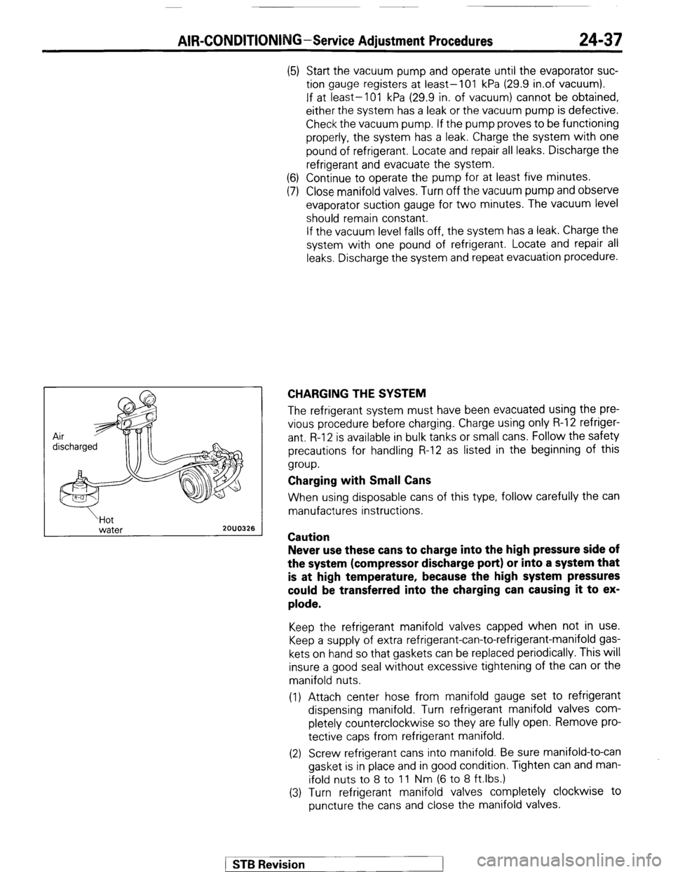 MITSUBISHI MONTERO 1987 1.G Workshop Manual AIR-CONDITION1 G-Service Adjustment Procedures 24-37 
water 2OUO326 
(5) Start the vacuum pump and operate until the evaporator suc- 
tion gauge registers at least-101 kPa (29.9 in.of vacuum). 
If at 