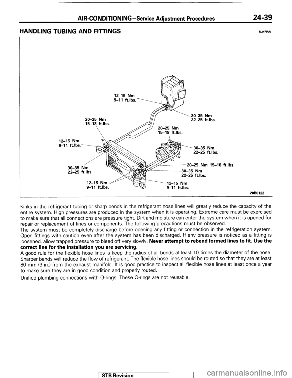 MITSUBISHI MONTERO 1987 1.G Workshop Manual AIR-CONDITIONING-Service Adjustment Procedures 24-39
HANDLING TUBING AND FllTlNGS N24FlAA
12-15 Nm
9-l 1 ft.lbs.
20-25 Nm
15-18 ftlbs.
22-25 ftlbs.
15-18 ft.lbs.
20-25 Nm 15-18 ft
2080122 Ki MITSUBISHI MONTERO 1987 1.G Workshop Manual AIR-CONDITIONING-Service Adjustment Procedures 24-39
HANDLING TUBING AND FllTlNGS N24FlAA
12-15 Nm
9-l 1 ft.lbs.
20-25 Nm
15-18 ftlbs.
22-25 ftlbs.
15-18 ft.lbs.
20-25 Nm 15-18 ft
2080122 Ki