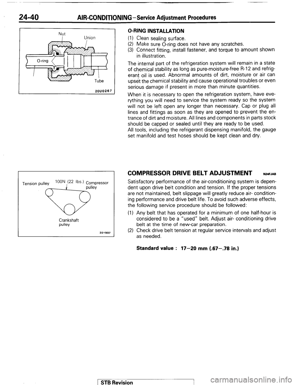 MITSUBISHI MONTERO 1987 1.G Workshop Manual 24-40 AIR-CONDITIONING-Service Adjustment Procedures 
Nut 
I Union 
20110267 
Tension pulley IOON (22 Ibs.1 Compressor 
Crankshaft 
pulley 
I 2OY907 1 O-RING INSTALLATION 
(1) Clean sealing surface. 
