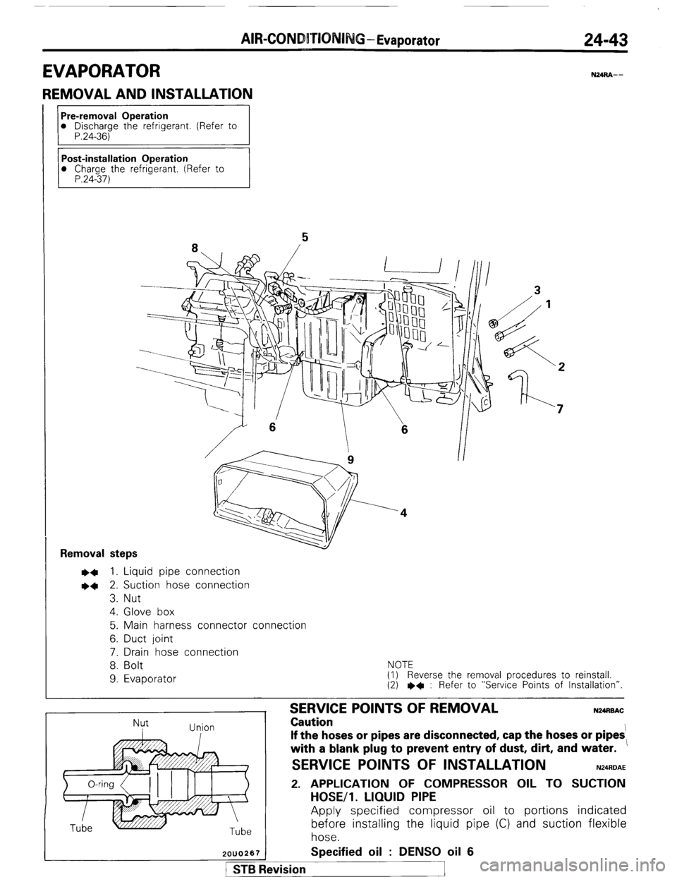 MITSUBISHI MONTERO 1987 1.G Workshop Manual AIR-CONDBTIONI G - Evaporator 24-43
EVAPORATOR
REMOVAL AND INSTALLATION
N24RA--
Pre-removal Operation
l
Discharge the refrigerant. (Refer to
P.24-36) Removal
steps ~~ 1. Liquid pipe connection MITSUBISHI MONTERO 1987 1.G Workshop Manual AIR-CONDBTIONI G - Evaporator 24-43
EVAPORATOR
REMOVAL AND INSTALLATION
N24RA--
Pre-removal Operation
l
Discharge the refrigerant. (Refer to
P.24-36) Removal
steps ~~ 1. Liquid pipe connection