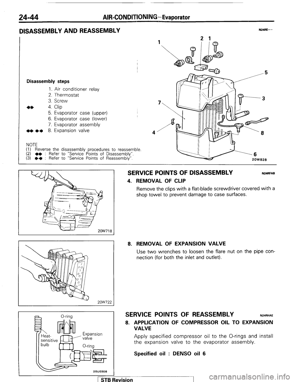 MITSUBISHI MONTERO 1987 1.G Service Manual 24-44 AIR-CONDOTIONING-Evaporator
DISASSEMBLY AND REASSEMBLY
1
Disassembly steps
1. Air conditioner relay
2. Thermostat
3. Screw
4* 4. Clip
5. Evaporator case (upper)
6. Evaporator case (lo MITSUBISHI MONTERO 1987 1.G Service Manual 24-44 AIR-CONDOTIONING-Evaporator
DISASSEMBLY AND REASSEMBLY
1
Disassembly steps
1. Air conditioner relay
2. Thermostat
3. Screw
4* 4. Clip
5. Evaporator case (upper)
6. Evaporator case (lo