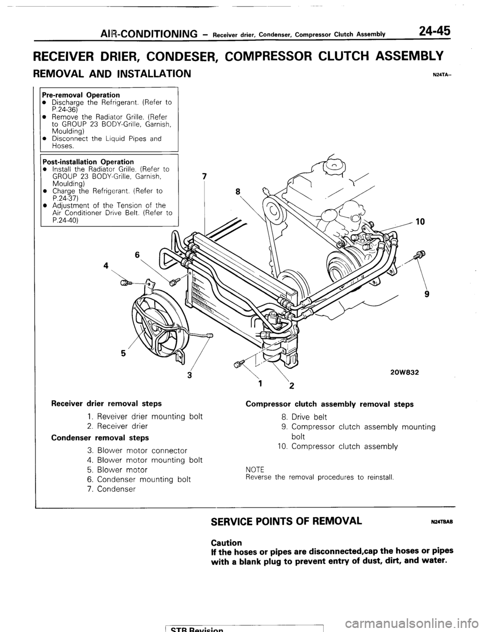 MITSUBISHI MONTERO 1987 1.G Workshop Manual AIR-CONDITIONING - Receiver drier, Condenser, Compressor Clutch Assembly 24-45 
RECEIVER DRIER, CONDESER, COMPRESSOR CLUTCH ASSEMBLY 
REMOVAL AND INSTALLATION N24TA-- 
Pre-removal Operation l Discharg